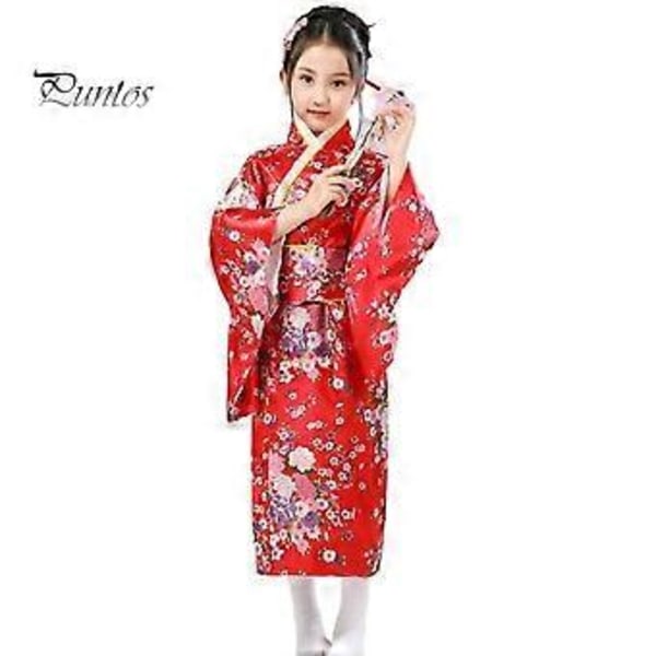 1 Set Japansk Kimono Livfullt Körsbärsblomstryck Lätt att Bära Cosplay Skolföreställningar Kimono för Flickor (140cm röd)