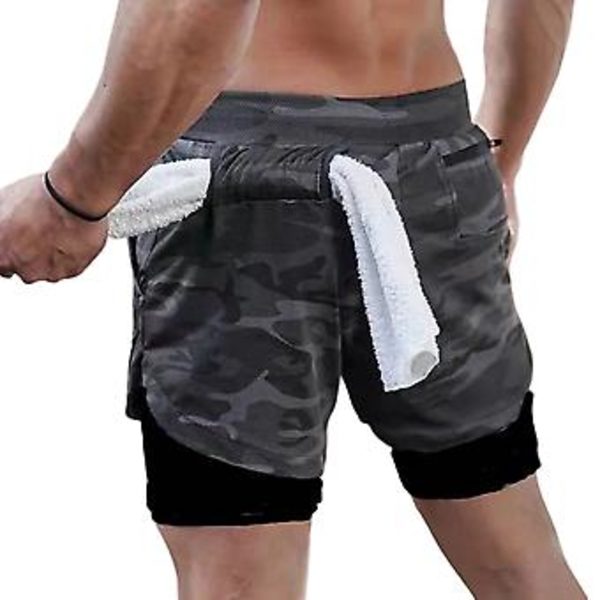 Löparshorts för män, avslappnade utomhus, lösa, med flera fickor, dubbellager, träningshorts för träning (L Grå kamouflage 2)
