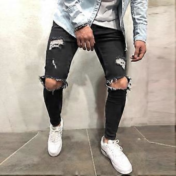 Män Skinny Ripped Frayed Jeans Byxor Stretch Distressed Slim Bottoms (L Svart)