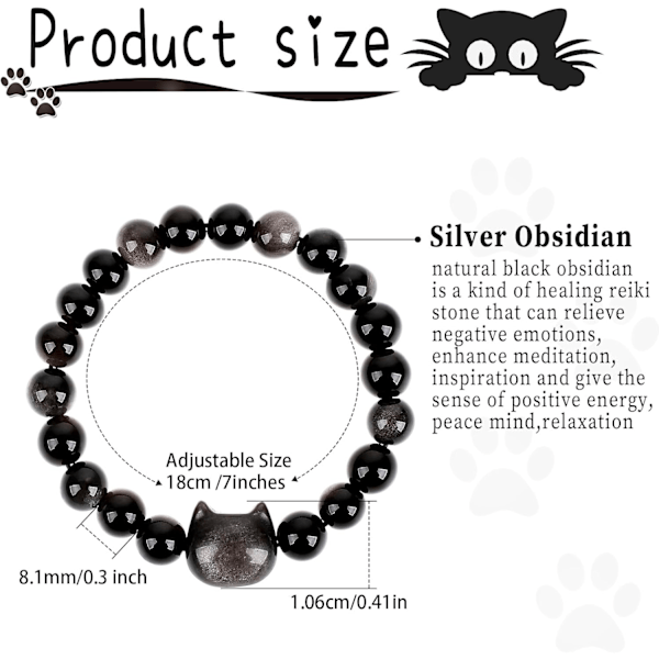 Sorte Obsidian Armbånd med Kat - Armbånd med Perler - Lykkebringende Kattekrystal Armbånd - Strækbare Armbånd - Kattearmbånd til Kvinder