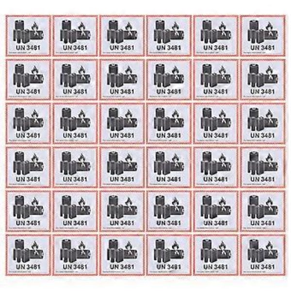 100 arkkiä litiumakkujen tarroja, liimaavia tarroja, kuljetusvaroitustarroja (UN3481)