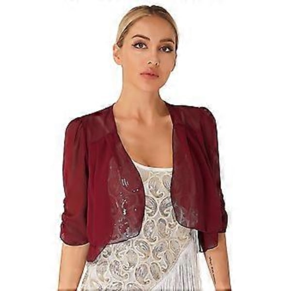 Fashionabla Dam Halv Ärm Kort Kofta Bolero Chiffong Capes för Aftonklänningar (S vinröd)