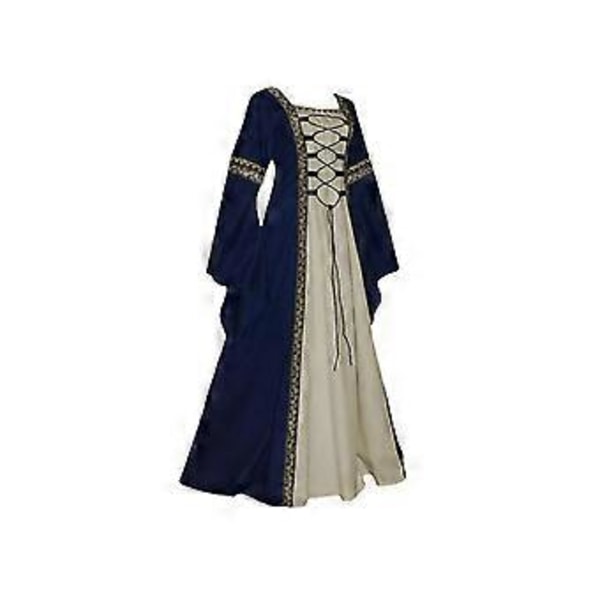 Dame Middelalder Retro Hof Prinsesse Cosplay Kostume Lang Kjole Elegant Heks (XL Mørkeblå)
