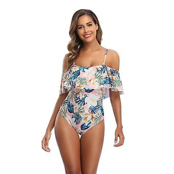 Flickors badkläder bikini digitaltryckt mage täckt slim fit tube top volang endel för kvinnor badkläder S Rosa och blå blommor