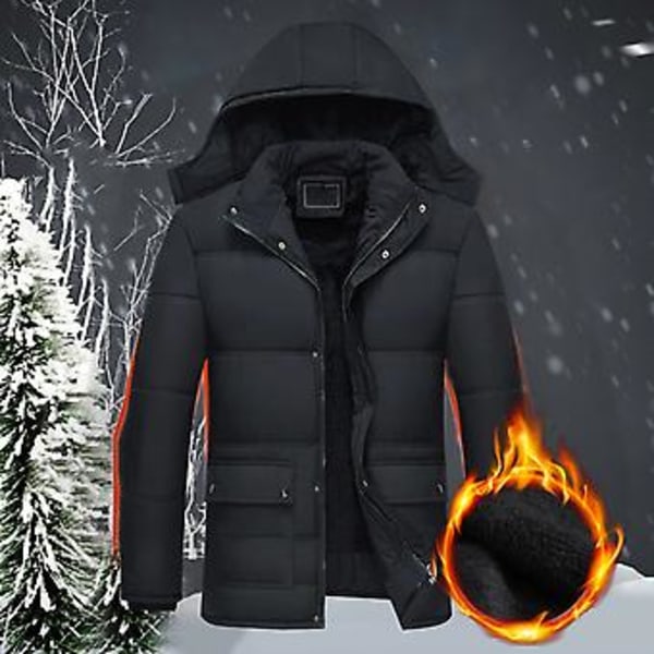 Mænds Fleeceforet Jakke med Stående Krave, Lange Ærmer, Lommer, Knapper, Lynlås, Vinter, Tyk, Bomuldsvattet, Midtlængde, Hætte (2XL)