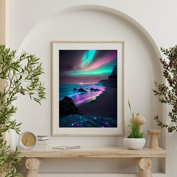 (12x16 tum) Aurora Diamond Art Kit för vuxna - Strand 5D Diamond Painting Kits för vuxna, Landskap Gem Art Kits för hem W