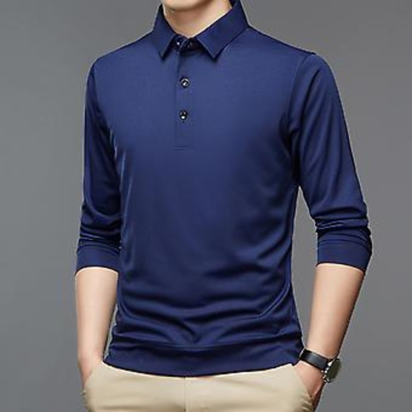 Fianao Knappar Halsring Långärmad Enfärgad Herrskjorta Höst Slim Fit Krage Kontor Tröja (2XL Svart)