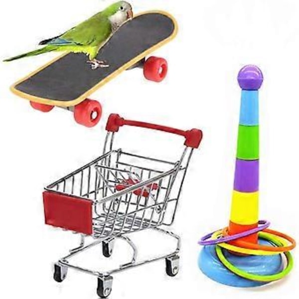 3 stk. Papegøjespil Mini Indkøbsvogn Træningsringe Skateboard Stativ Hvileplads til Budgie Parakitter Kakadue Conure Kærlighedsfugl