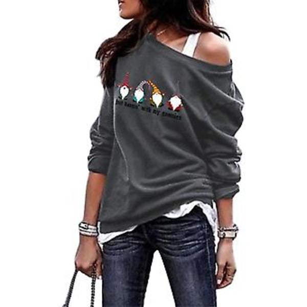 Jule-Tunic med én skulder for kvinner, langærmet T-skjorte, juletopp, bluse, XL, grå