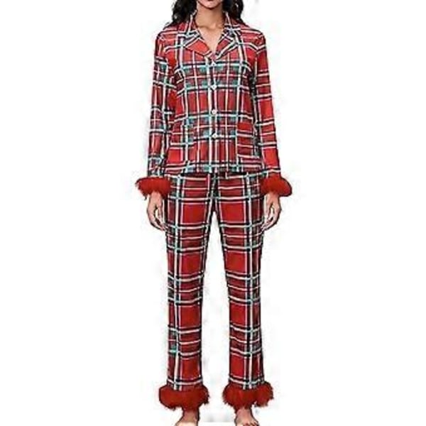 Dam Pyjamas Set med Fjäderkant Långärmad Knappuppslagen Topp Byxor 2-delad Loungeset Satin PJs Pyjamas Nattkläder (2XL Röd Rutiga)