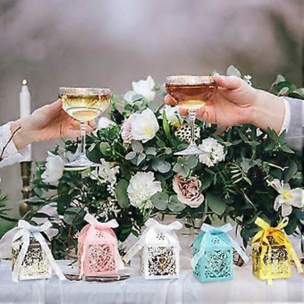 Paket med 50 Blommiga Favoritaskar, Kärlekshjärta Godisask Dekorativ Sockerask Presentaskar Bröllopsdusch Årsdag Födelsedagsfest Bröllopsgåva (vit)