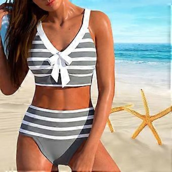 Axelband Baddräkt för Kvinnor med Grå Vitrandigt Tryck Bikini Kort Tank Top Baddräkt (2XL blå)