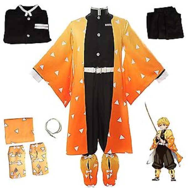 Demon Slayer Agatsuma Zenitsu Cosplay Kostyme Kimono Uniform Antrekk Halloween Party Anime Rollespill Klærsett (S Antrekk med Parykk)