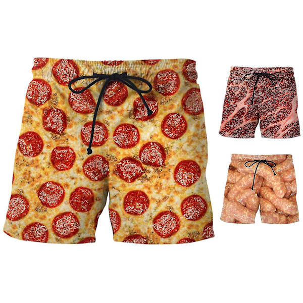 Mies makkara printti shortsit leveä lahje joustava vyötärönauha kiristysnauha ruoka shorts.2XL.Keltainen
