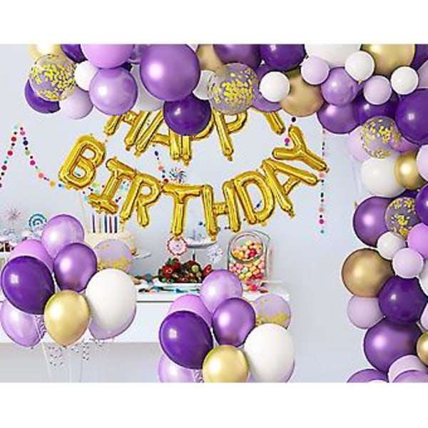 Lilla og Guld Fødselsdagspynt, Lilla Balloner Girland Bue Kit Til Kvinder Lilla Og Guld Konfetti Latex Balloner Glad Fødselsdag Folieballoner Bann