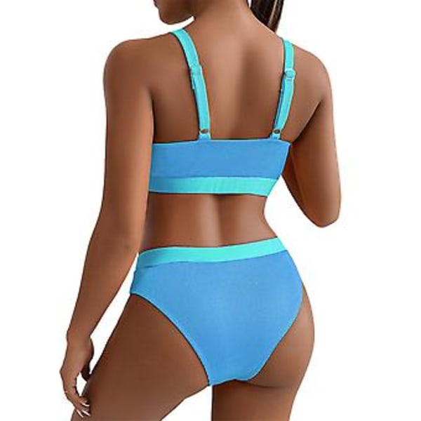 Damernas Baddräkt Sommar Färgblock Ribbad Bikini Vadderad Baddräkt Strandkläder Baddräkt (XL Sjöblå)