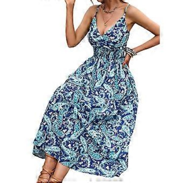 Kvindesommerkjole, Casual, Ærmeløs, Blomstermønstret, Løstsiddende, Split, Maxi, Flydende, Lang Strandkjole (XL Blå)