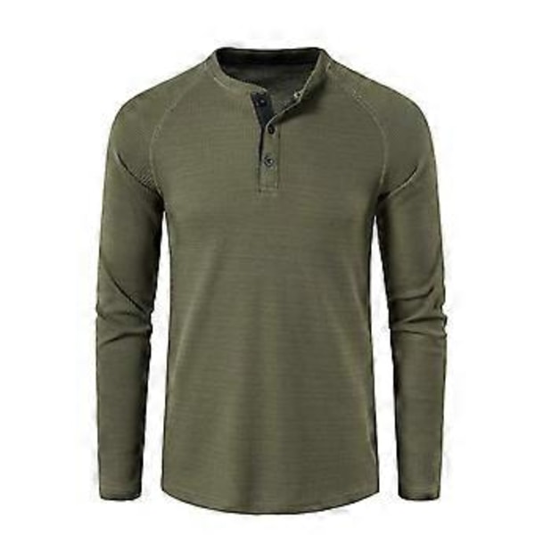 Våffelmönstrade Henley-tröjor för män, rund hals, långärmad T-shirt, enfärgad, ledig klädsel, bekväm tröja för höst och vinter (L aprikos)