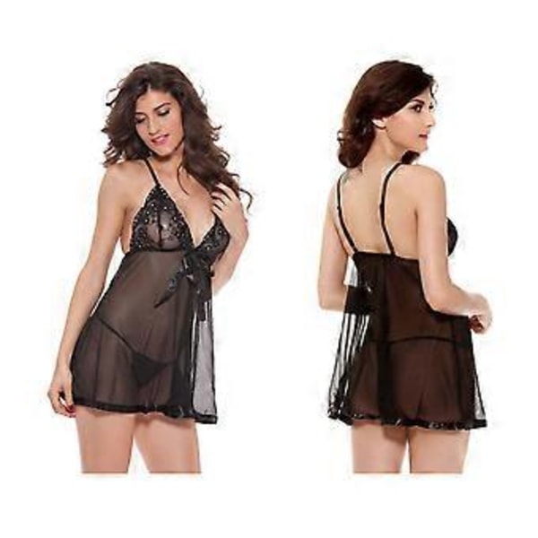 Sexig Dam Sling Nattlinne Transparent Mesh Nattkläder Pyjamas (M Svart)