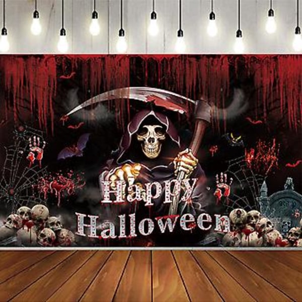 2023 Halloween Gyser Grim Reaper Baggrund Blodig Kranium Død Fotografi Baggrund Spooky Party Banner Dekoration Rekvisitter ( )