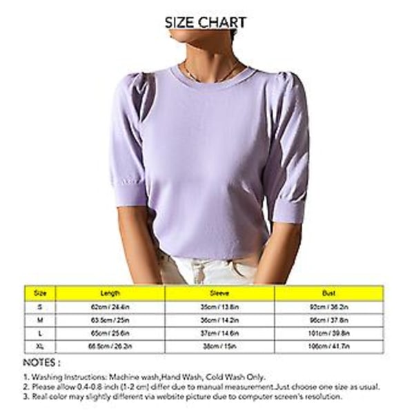 Dame Strikket T-shirt Kort Puffærme Stramme Manchetter Ren Farve Casual Sommer Top Til Daglig Brug (XL Lilla)