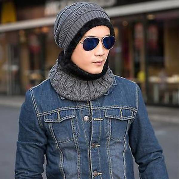 Unisex Vintervarm Skihue med Strikket Slouch Beanie og Rørhalsvarmer Sæt (Grå)