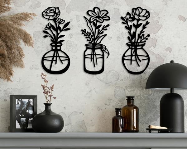 3 deler metallvase blomster veggkunst - rustikk gårdshusstil