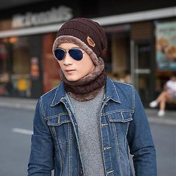 Unisex Vintervarm Snöskidmössa Stickad Slouch Beanie Hatt Tubhalsduk Set (Kaffe)