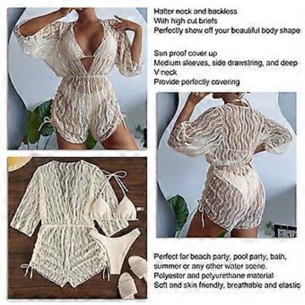 3-delars Dam Badkläder Set BH Hög Skuren Trosor Sommar Badkläder Med Omslag (XL Beige)