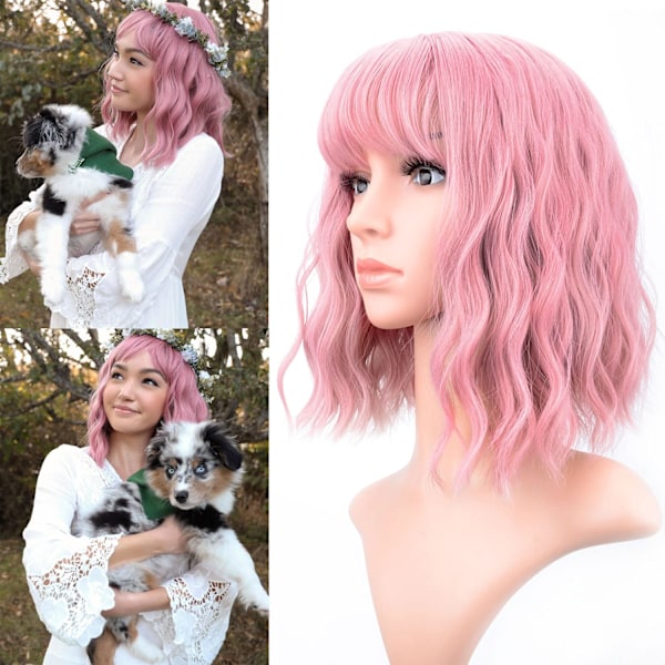 Pastellfärgad vågig peruk med luftlugg för kvinnor, kort bob lila rosa lockig axellång syntetisk peruk för dagligt bruk, färgglad cosplayperuk för flickor (12 tum, lila rosa)
