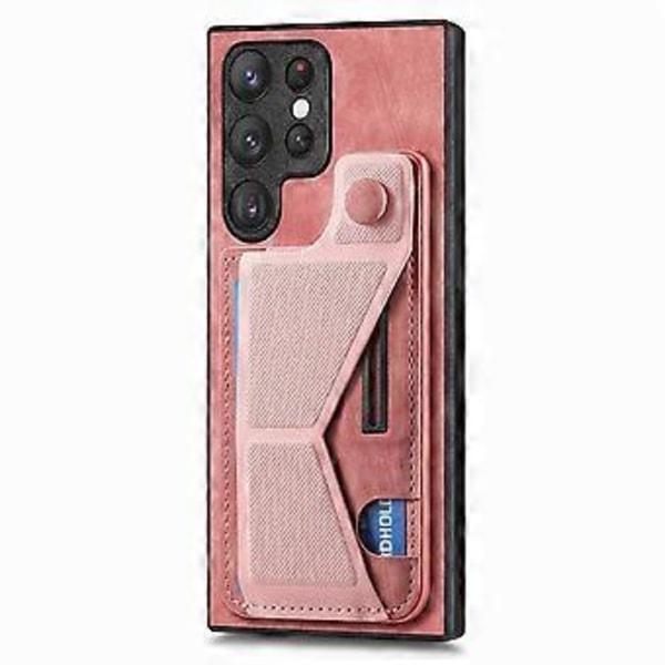 Skal för Samsung Galaxy S25 Ultra med Kortfack Ställ Retro Läder Baksida - Rosa (Rosa)
