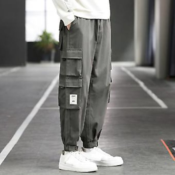 Män Cargo Byxor Ankelbandade Flera Fickor Enfärgad Elastisk Midja Lös Varma Hip Hop Plus Storlek Våryxor för Skola (XL Grå)