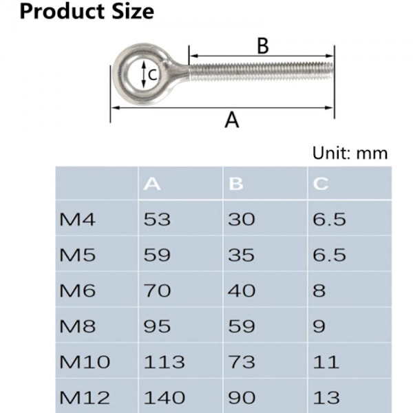 Pakke med 12 stk. - M8 øjebolte i 304 rustfrit stål øjebolt øjebolt