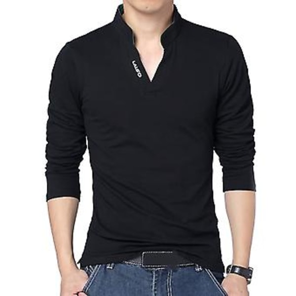 Herrar Vår-Höst T-shirt Stå-Krage V-Hals Långärmad Mjuk Slank Passform Enfärgad Mjuk Andningsbar Business Stil Herrar Mid-Längd Topp (M Svart)