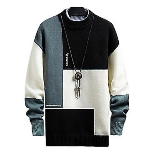Herrar Vintertröja Stickad Långärmad Rundhalsad Kontrastfärg Lös Håll Varmt Tjock Elastisk Krympsäker Vårtroja för Shopping (2XL Svart)