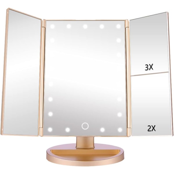 Opplyst sminkespeil Touch Trifold-belysning 2x3x Forstørrelse m