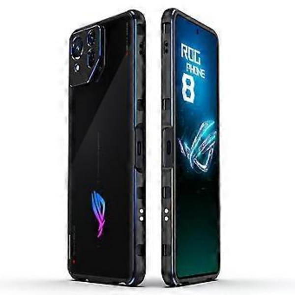 For Asus ROG Phone 8 5G/Phone 8 Pro 5G Bumperdeksel Telefon Metallramme med Kameralinsebeskyttelse (Svart+Blå)