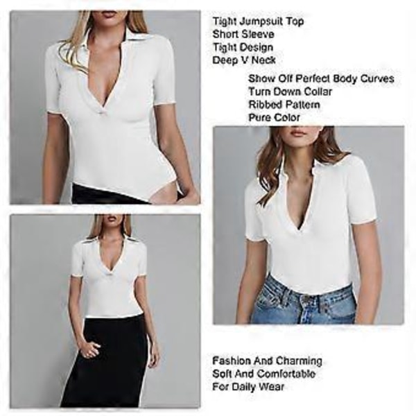 Stram Jumpsuit Top Slank Dyb V-hals Kortærmet Ren Farve Nedklappelig Krave Ribbet Enkeltdel Top (L Hvid)