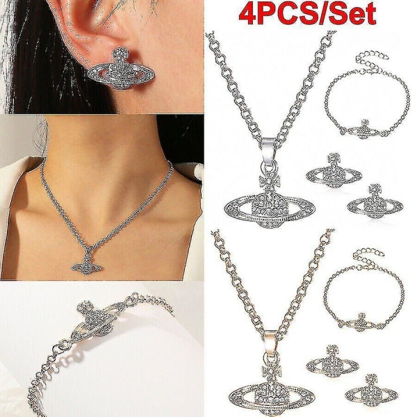 4pcs Crystal Saturn Heart Orb Set Necklace+bracelet+earrings Pendant Chains Gift Silver