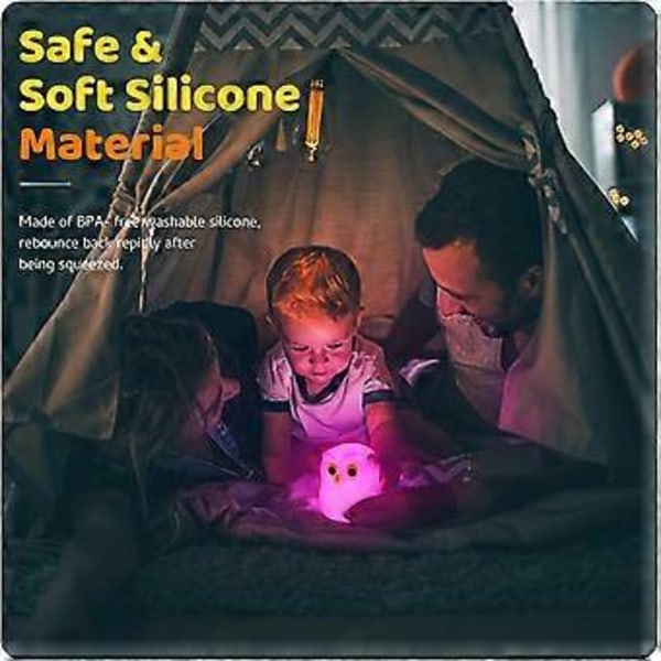 LED nattlampa för barn, baby nattlampa utan små delar | Touch-laddning stilla ljus med dimfunktion | Färgglad söt uggla som sömnstöd present