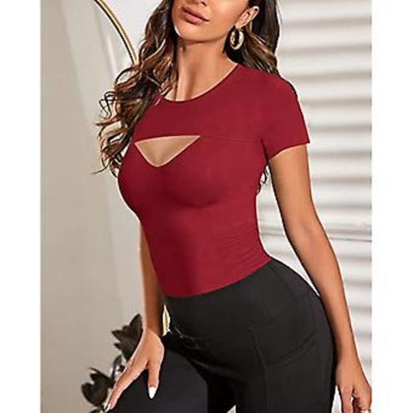 Dame Top med Udsnit Foran Kortærmet Bodycon Slim Fit Ren Farve Åndbar Trøje (XL Vinrød)