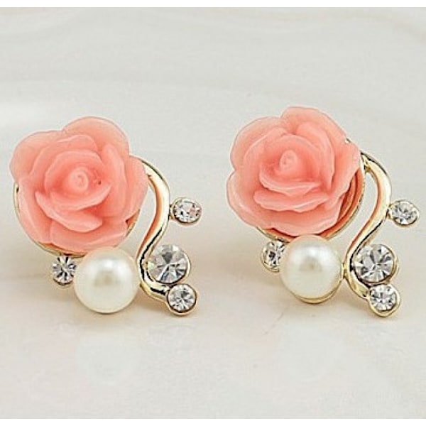 Örhängen - Liten ros med pärla och strass Rosa