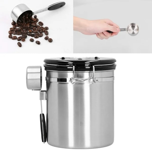 Sølv rustfrit stål kaffekande med ske, 1,5L forseglet kaffe