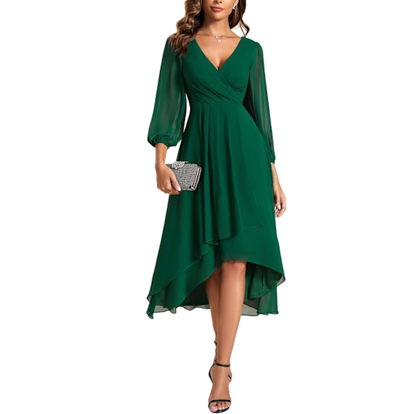 Elegant Chiffon V-hals Langærmet Plisseret A-linje Midilængde Bryllupsgæst Kjole 3XL Grøn