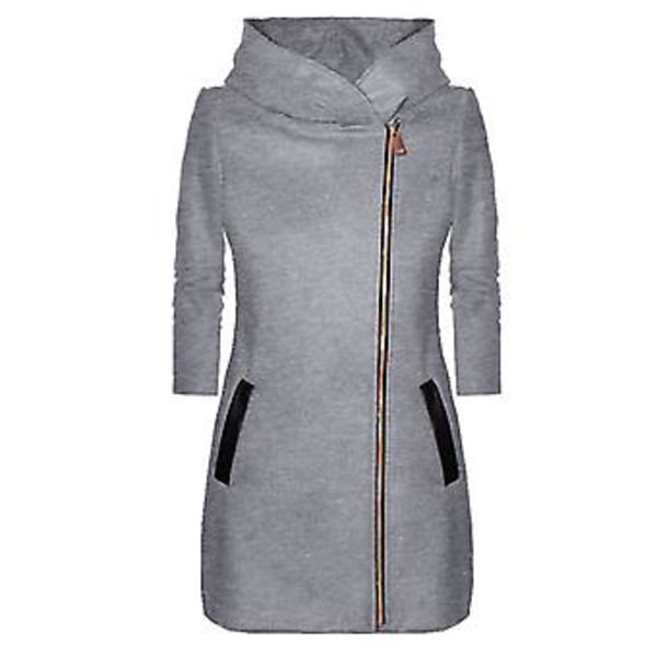 Vinterjacka för kvinnor med huva & fickor Sido blixtlås Midilång kappa (4XL Grå)