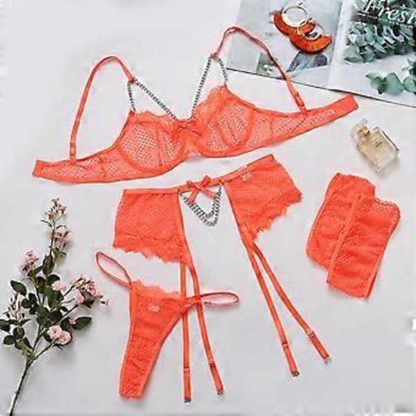 Sexy Lingeri til Kvinder Gennemsigtig Babydoll Natskjorte Undertøj Slip Kjole Sæt Ny(XL Orange)
