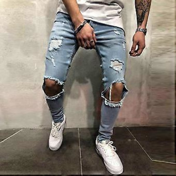 Män Skinny Ripped Frayed Jeans Byxor Stretch Distressed Slim Bottoms (XL Blå)