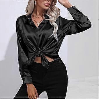 Forår Efterår Satin Bluse Imitation Silke Langærmet Skjorte til Dame Plus Size Løse Toppe (M sort)