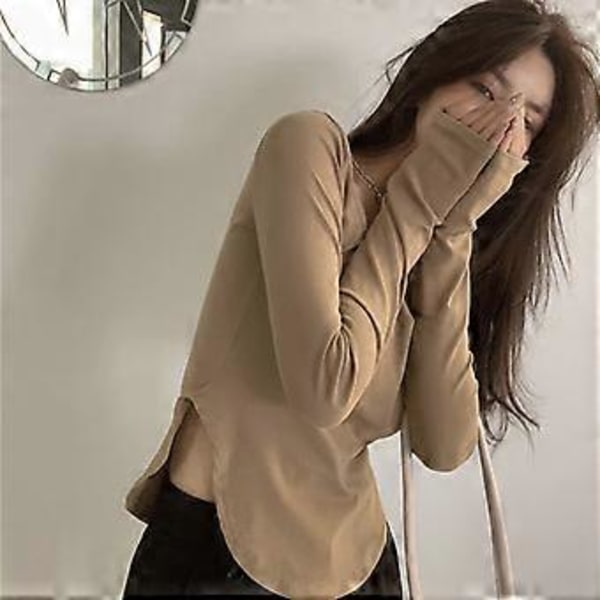 Casual Bluse Langermet Rund Hals Løs Passform Bluse for Kvinner Dame Høst Lys Brun L