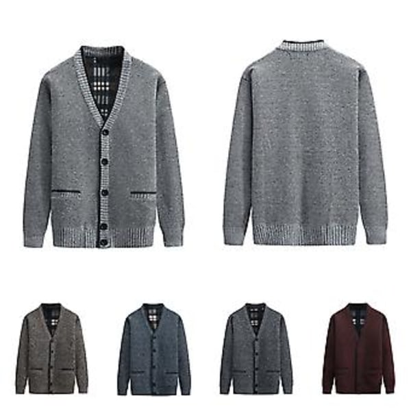 V-Hals Lomme Sweaterjakke Efterår Vinter Fleeceforet Ensfarvet Cardigan Sweater Yderbeklædning (3XL Mørkegrå)